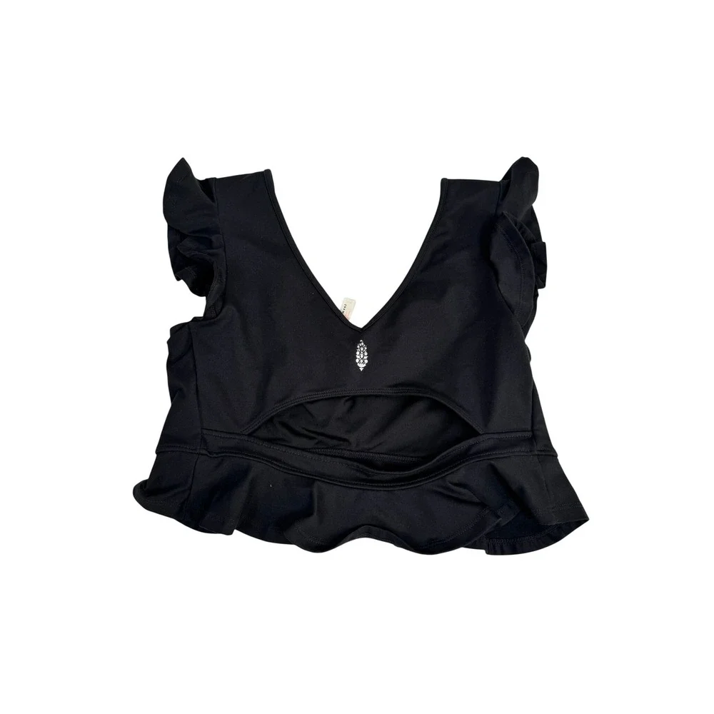 FP Movement Free People Black Ruffle V-Neck Cutout Back Crop Top Medium